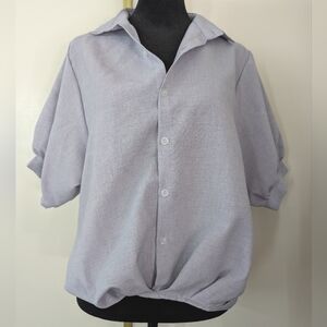 Puff Sleeve Button Up Shirt Work Office Blue Business Loose